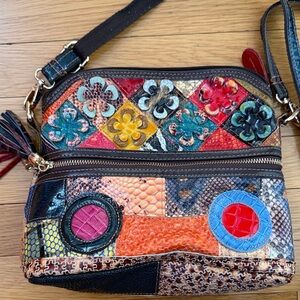 Colorful Patchwork Leather Crossbody Bag Boho Floral Embossed Multi Color Purse